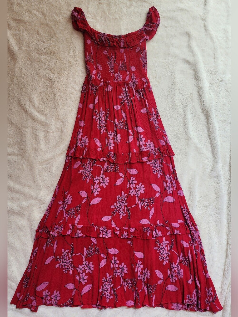 Express Red Maxi Dress with Pink Floral Accents
